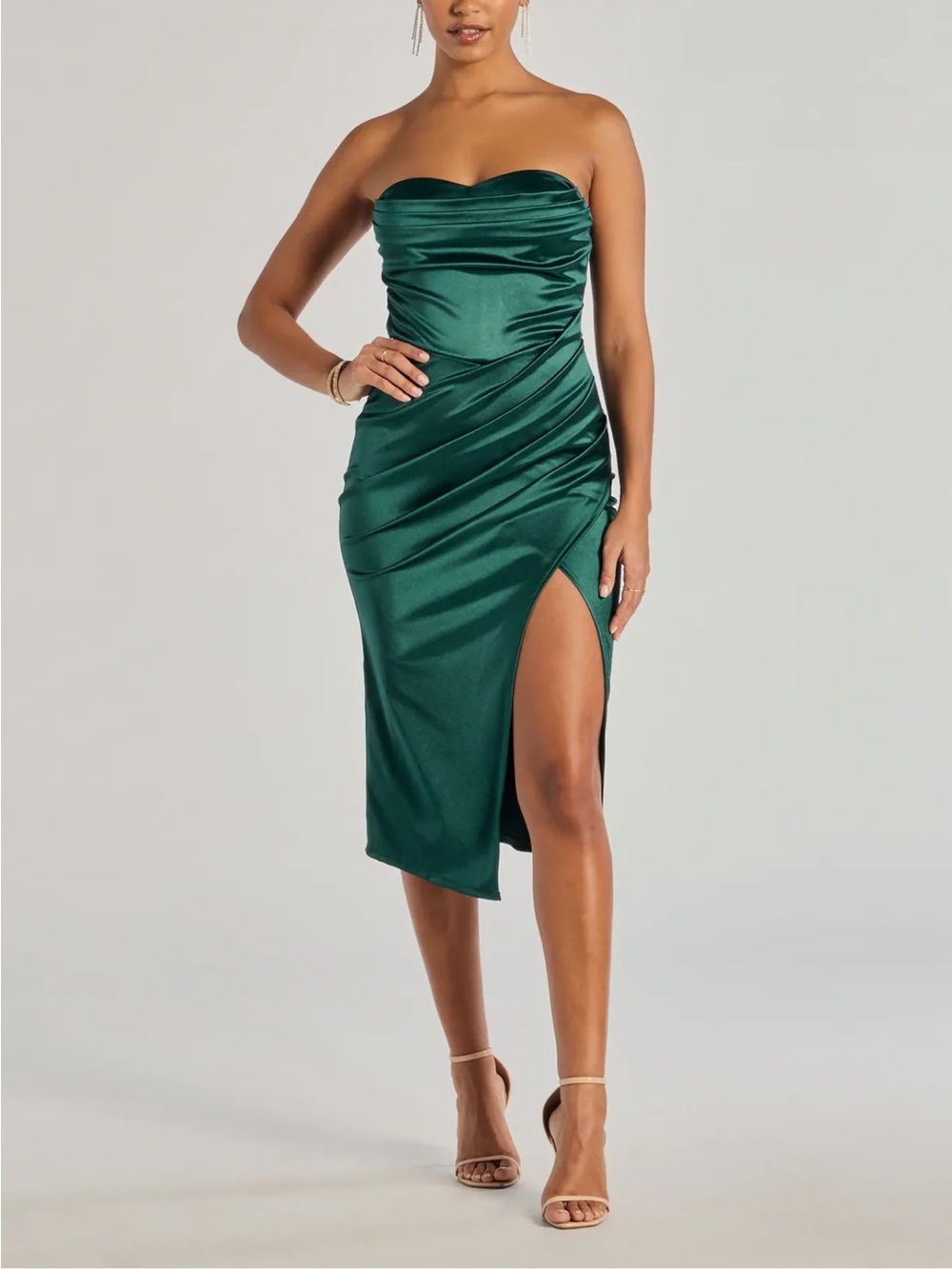Strapless Emerald Green Satin Midi Dress